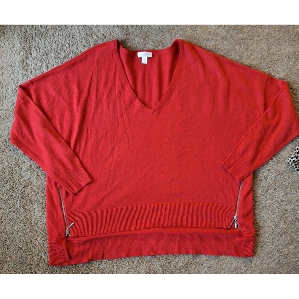 Bisou Bisou Women's V Neck Sweater Size XL Zipper Accent Hi Low Hem